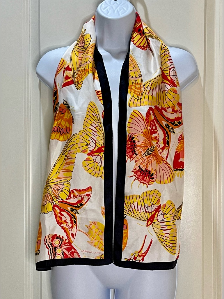 Adrienne Landau 100% Silk Butterfly Print Scarf With Black Trim 11.25x52